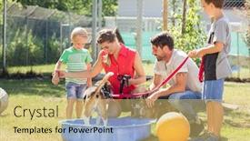  Presentation with animal shelter - Colorful presentation design enhanced with family-playing-with-dog backdrop and a yellow colored foreground