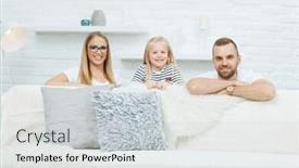  Presentation with portrait happy family smiling - Audience pleasing theme consisting of family portrait happy family having fun at home smiling family with one child backdrop and a light gray colored foreground