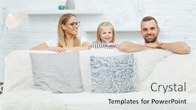  Presentation with portrait happy family smiling - Slides with family portrait happy family having fun at home smiling family with one child background and a light gray colored foreground
