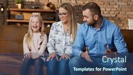  Presentation with portrait happy family smiling - Presentation theme consisting of family portrait happy family sitting on couch and having fun at home smiling family with one child background and a ocean colored foreground