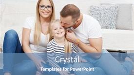  Presentation with portrait happy family smiling - PPT theme with family portrait happy family sitting on floor at home smiling family with one child background and a teal colored foreground