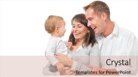  Presentation with portrait happy family smiling - Presentation theme having family portrait isolated on white background and a soft green colored foreground