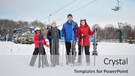  Presentation with ski - Theme consisting of family portrait of four skiers standing with skis at ski resort background and a light gray colored foreground