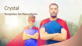  Presentation with superhero - Colorful slide deck enhanced with family power and people concept - man and boy wearing mask and red superhero cape over city skyscrapers background backdrop and a cream colored foreground