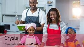  Presentation with cake - PPT layouts having family preparing cake in kitchen background and a red colored foreground