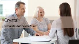  Presentation with critical illness insurance - PPT theme enhanced with family quotes - female insurance agent consulting senior background and a coral colored foreground