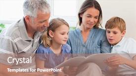  Presentation with family reading - Slide deck with family reading a book together in a living room background and a coral colored foreground