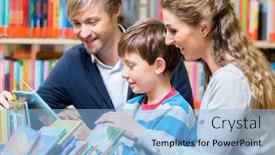  Presentation with family reading - Slide deck featuring family reading a book in the library mother father and son background and a light blue colored foreground