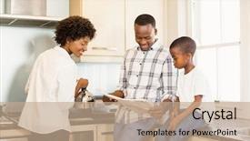  Presentation with family reading - PPT theme with family reading the newspaper background and a coral colored foreground
