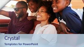  Presentation with road trip - Slide deck consisting of family relaxing in car background and a sky blue colored foreground