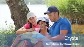  Presentation with family day - Audience pleasing presentation theme consisting of family resting in the grass on a hiking day backdrop and a ocean colored foreground
