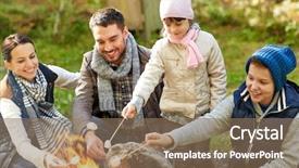  Presentation with family tourism - Presentation theme with family roasting marshmallow over campfire background and a coral colored foreground
