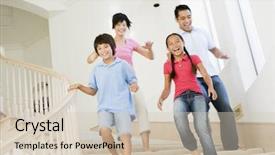  Presentation with running - PPT theme consisting of family running down staircase smiling background and a soft green colored foreground