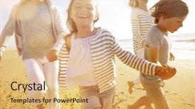  Presentation with sunset beach - Beautiful theme featuring family running on sandy beach backdrop and a coral colored foreground
