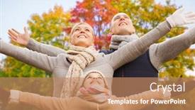  Presentation with freedom - Theme with family season and freedom concept - happy mother father and daughter spreading hands over autumn park background background and a coral colored foreground