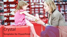  Presentation with family shopping - PPT theme consisting of family shopping choosing child footwear background and a coral colored foreground