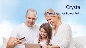  Presentation with family shopping - Slides consisting of family shopping technology and people - smiling mother father and little girl with tablet pc computer and credit card over blue sky background background and a sky blue colored foreground