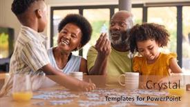  Presentation with puzzle family - Slide set having family-shot-with-grandparents background and a coral colored foreground