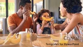  Presentation with melon - PPT layouts having family-shot-with-parents background and a coral colored foreground