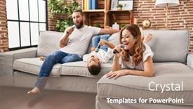  Presentation with microphone - PPT theme with family-singing-song-using-microphone background and a coral colored foreground