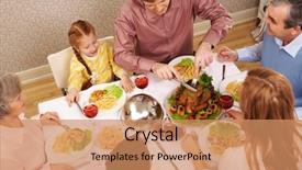  Presentation with ready to eat salad - Presentation theme enhanced with family sitting at festive table background and a coral colored foreground