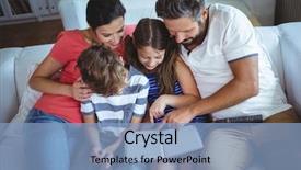  Presentation with photo album - Presentation featuring family sitting on sofa and looking at a photo album at home background and a light blue colored foreground