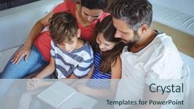  Presentation with photo album - Presentation having family sitting on sofa and looking at a photo album at home background and a sky blue colored foreground