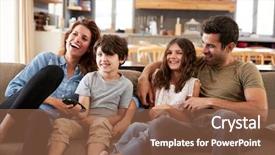  Presentation with television watching - Audience pleasing presentation theme consisting of family sitting on sofa backdrop and a tawny brown colored foreground
