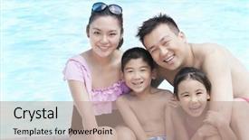  Presentation with pool restaurant family - Colorful presentation enhanced with family smiling by the pool backdrop and a coral colored foreground