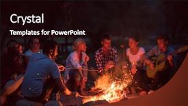  Presentation with campfire - Colorful slide set enhanced with foodbank - group of happy young friends backdrop and a black colored foreground