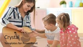  Presentation with children little child girl plays - Slides featuring talent development - mother playing guitar for her background and a coral colored foreground