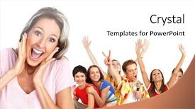  Presentation with group - Slide deck featuring family sorprise - group of happy people background and a white colored foreground