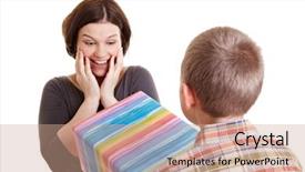  Presentation with giving - Slide deck featuring family sorprise - son giving his surprised mother background and a coral colored foreground