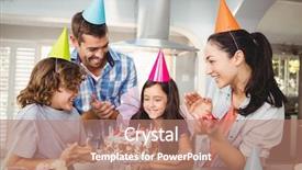  Presentation with happy birthday cake - PPT layouts with family standing by cake clapping background and a coral colored foreground
