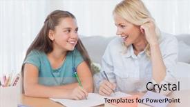  Presentation with living room family - Presentation theme with family studies - cheerful mother and daughter writing background and a lemonade colored foreground