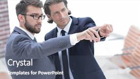  Presentation with partners - Theme having family succession - business partners standing in office background and a ocean colored foreground