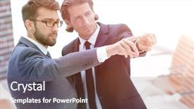  Presentation with partners - Colorful slide set enhanced with family succession - business partners standing in office backdrop and a tawny brown colored foreground