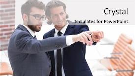  Presentation with partners - Amazing PPT theme having family succession - business partners standing in office backdrop and a light gray colored foreground