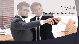  Presentation with partners - PPT theme featuring family succession - business partners standing in office background and a light gray colored foreground