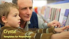  Presentation with bookstore - PPT theme with family succession - grandfather with grandson in bookstore background and a  colored foreground