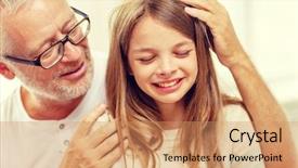  Presentation with people crying - Slide set featuring family support childhood and people concept - grandfather with crying granddaughter at home background and a coral colored foreground