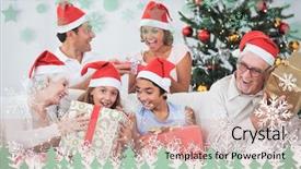  Presentation with snowflakes - Presentation with family swapping christmas presents against snowflakes and fir trees in green background and a coral colored foreground