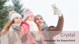  Presentation with winter family - Cool new PPT theme with family taking a selfie with smartphone in their happy winter holiday backdrop and a coral colored foreground