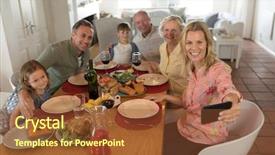  Presentation with dining table - PPT layouts with family taking selfie with mobile background and a  colored foreground