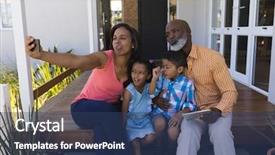  Presentation with african american - PPT theme having family taking selfie with mobile background and a ocean colored foreground
