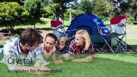  Presentation with family talking - Colorful PPT layouts enhanced with family talking to each other while lying on grass outside the tent backdrop and a seafoam green colored foreground