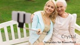  Presentation with young happy people smiling - Colorful PPT theme enhanced with family technology and people concept - happy smiling young daughter and senior mother sitting on park bench and taking picture with smartphone selfie stick backdrop and a lemonade colored foreground