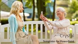 Presentation with young happy people smiling - Audience pleasing PPT layouts consisting of family technology and people concept - senior mother with smartphone photographing her happy smiling young daughter at park backdrop and a coral colored foreground