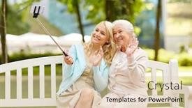  Presentation with young happy people smiling - Colorful presentation design enhanced with family technology and people concept - happy smiling young daughter and senior mother sitting on park bench and taking picture with smartphone selfie stick backdrop and a lemonade colored foreground