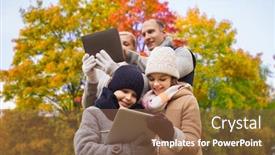  Presentation with computers - Amazing slide deck having family technology and season concept - happy mother father daughter and son with tablet pc computers over autumn park background backdrop and a violet colored foreground